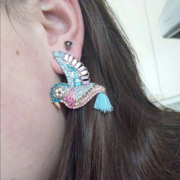 Bird earrings rhinstone stud tassel blue pink jewelry cute animal - Picture 4 of 5